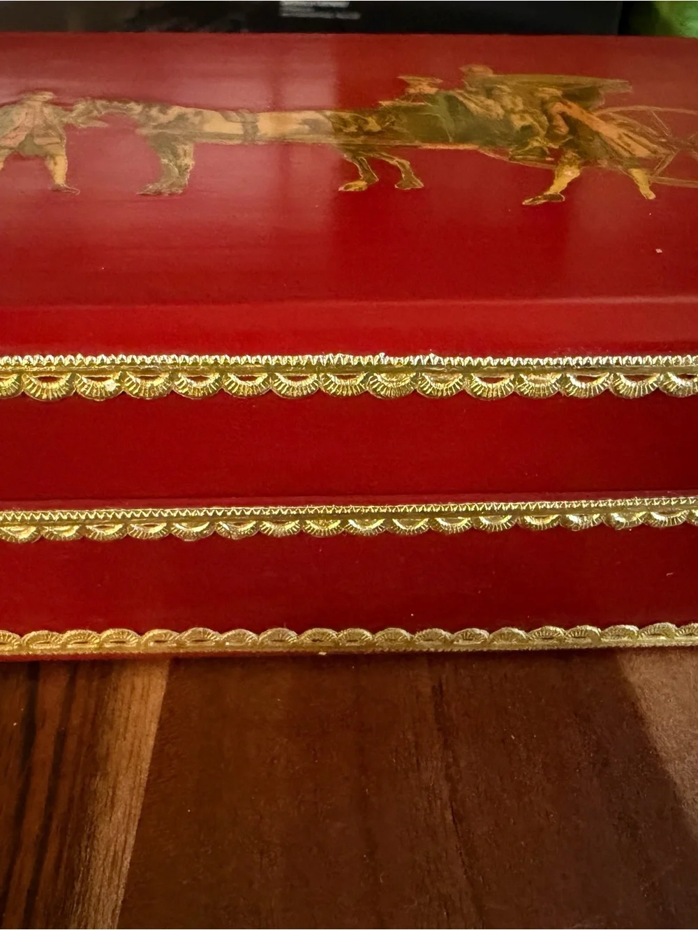 1971 Large Red Carriage Jewelry Box Signed Theda B. Vintage Divided Keepsake